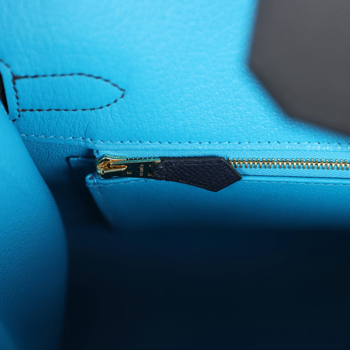 Hermes Casaque Birkin Sellier 30 Black, Bleu Indigo and Bleu Zanzibar Epsom Gold Hardware