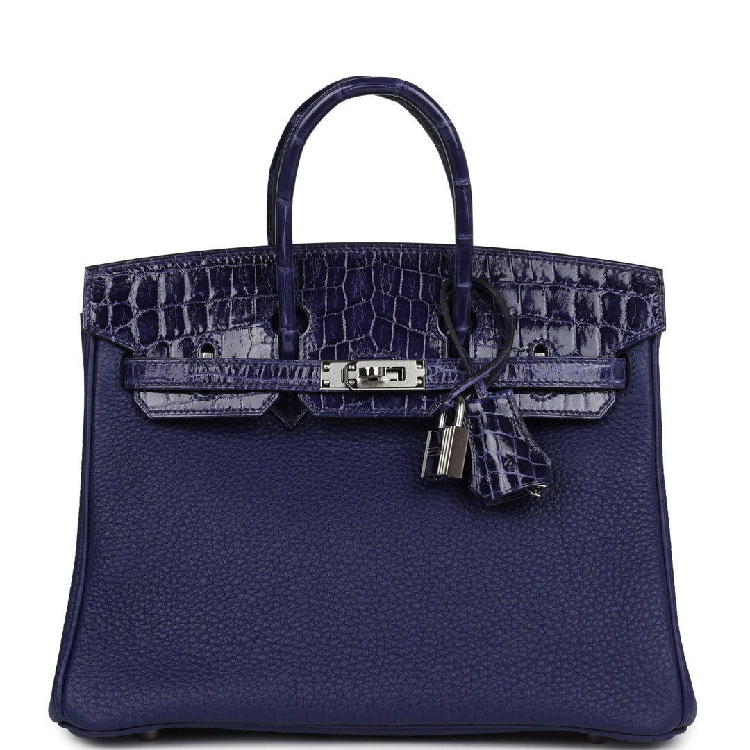 Hermes Birkin 25 Touch Bleu Encre Togo and Shiny Niloticus Crocodile Palladium Hardware