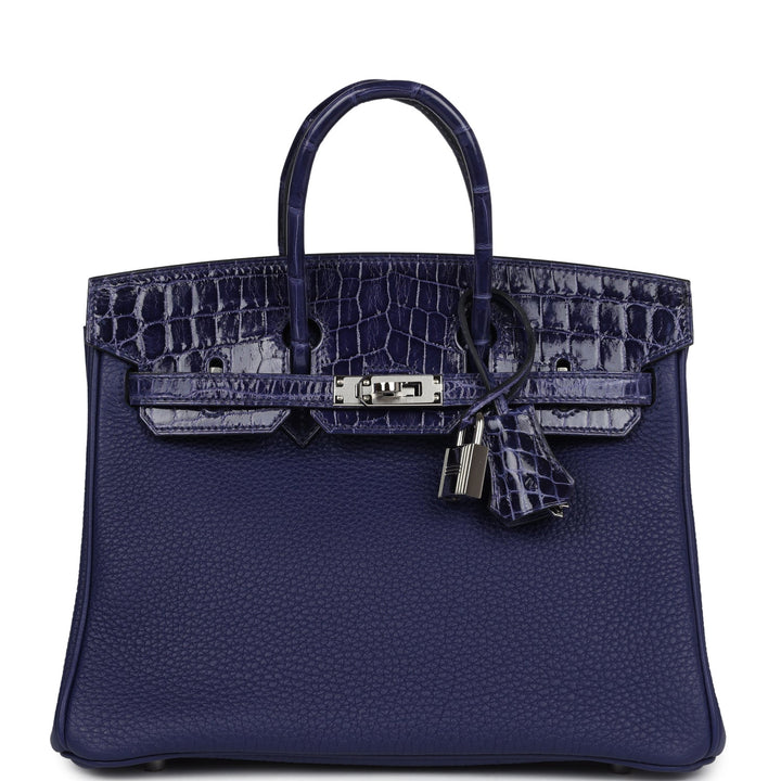 Hermes Birkin 25 Touch Bleu Encre Togo and Shiny Niloticus Crocodile Palladium Hardware