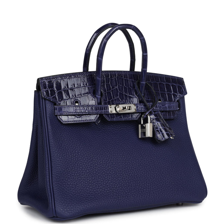 Hermes Birkin 25 Touch Bleu Encre Togo and Shiny Niloticus Crocodile Palladium Hardware