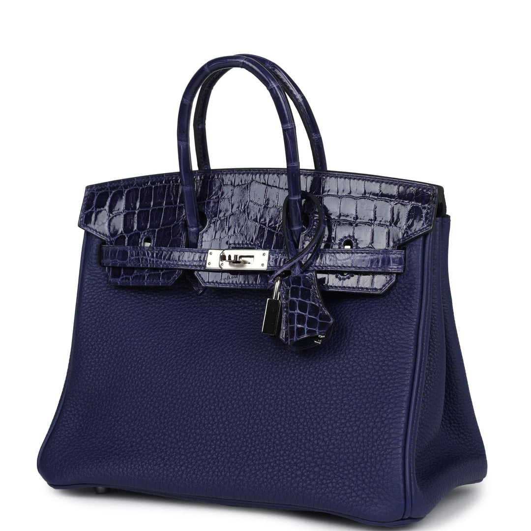 Hermes Birkin 25 Touch Bleu Encre Togo and Shiny Niloticus Crocodile Palladium Hardware