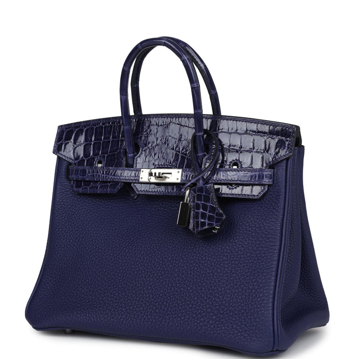 Hermes Birkin 25 Touch Bleu Encre Togo and Shiny Niloticus Crocodile Palladium Hardware