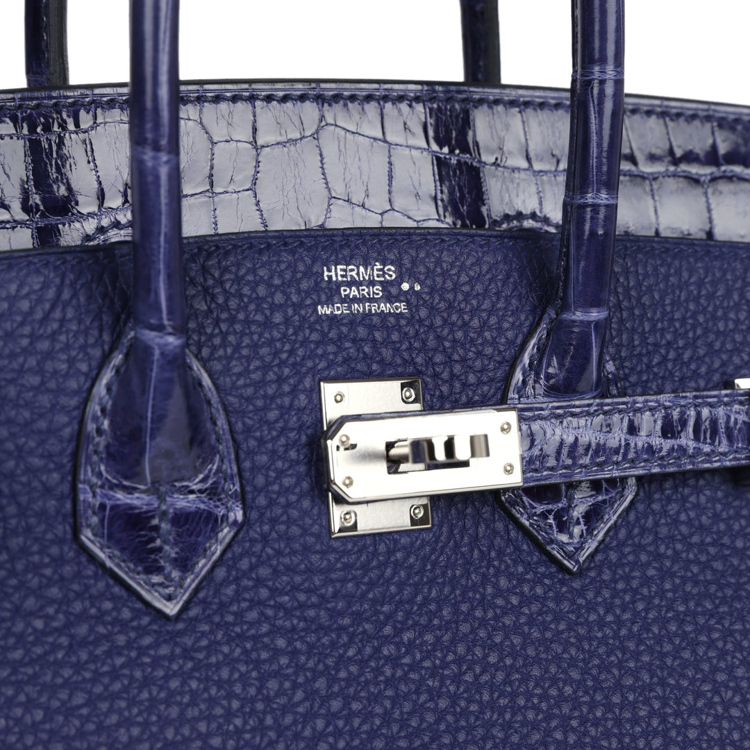 Hermes Birkin 25 Touch Bleu Encre Togo and Shiny Niloticus Crocodile Palladium Hardware