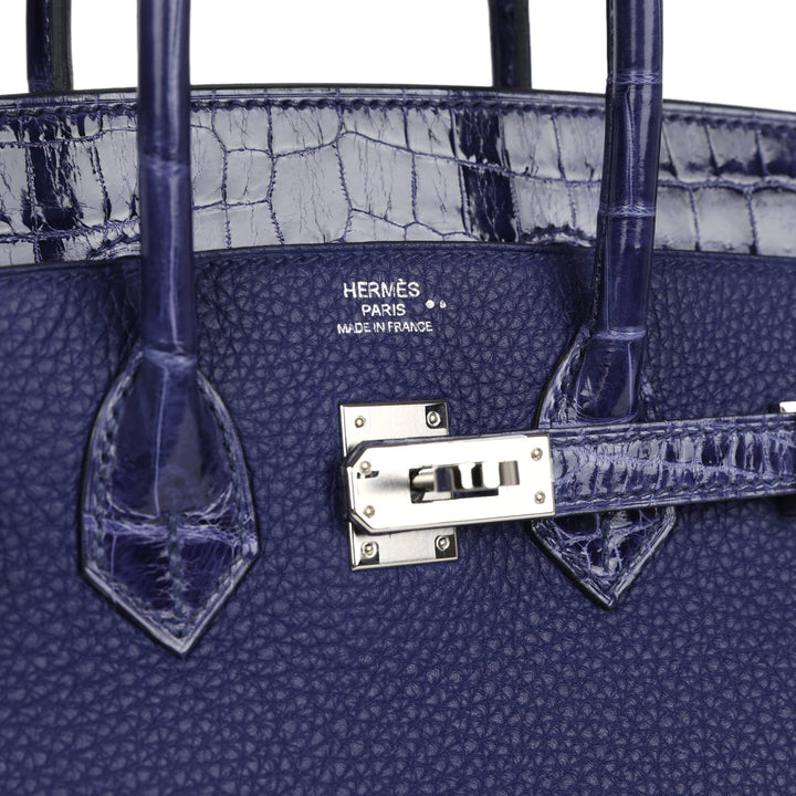Hermes Birkin 25 Touch Bleu Encre Togo and Shiny Niloticus Crocodile Palladium Hardware