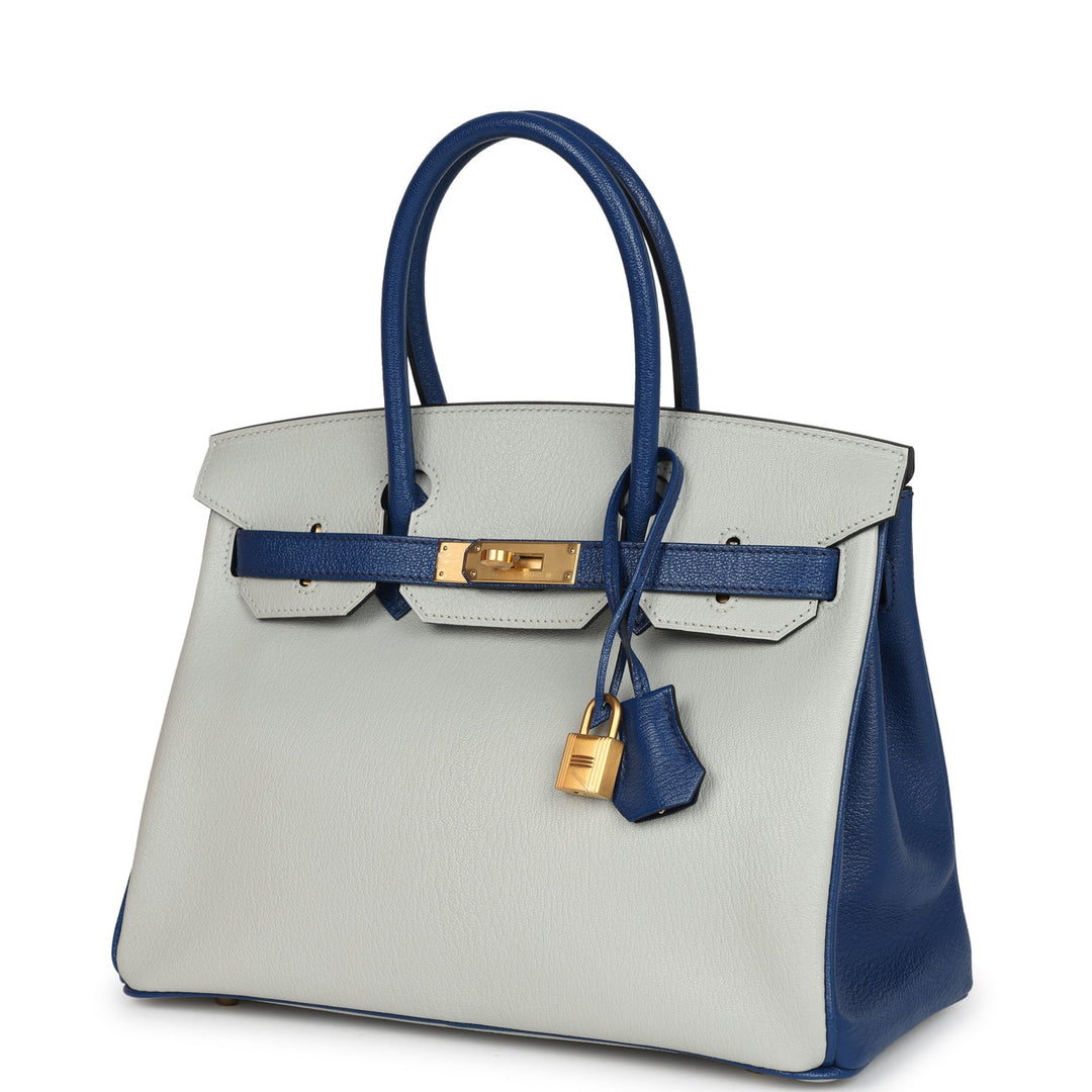 Hermes Special Order (HSS) Birkin 30 Gris Perle and Bleu Saphir Chevre Brushed Gold Hardware