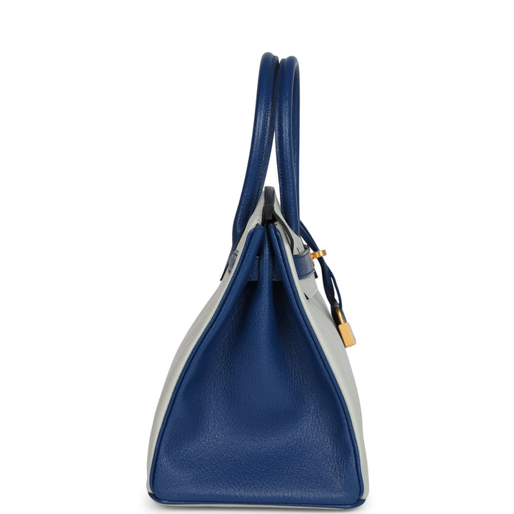 Hermes Special Order (HSS) Birkin 30 Gris Perle and Bleu Saphir Chevre Brushed Gold Hardware