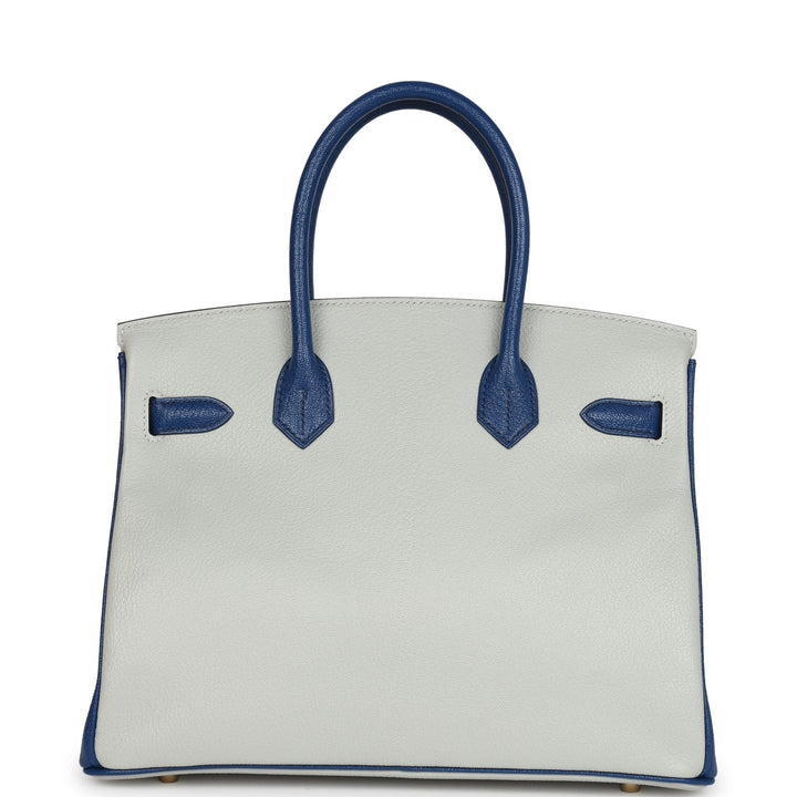 Hermes Special Order (HSS) Birkin 30 Gris Perle and Bleu Saphir Chevre Brushed Gold Hardware