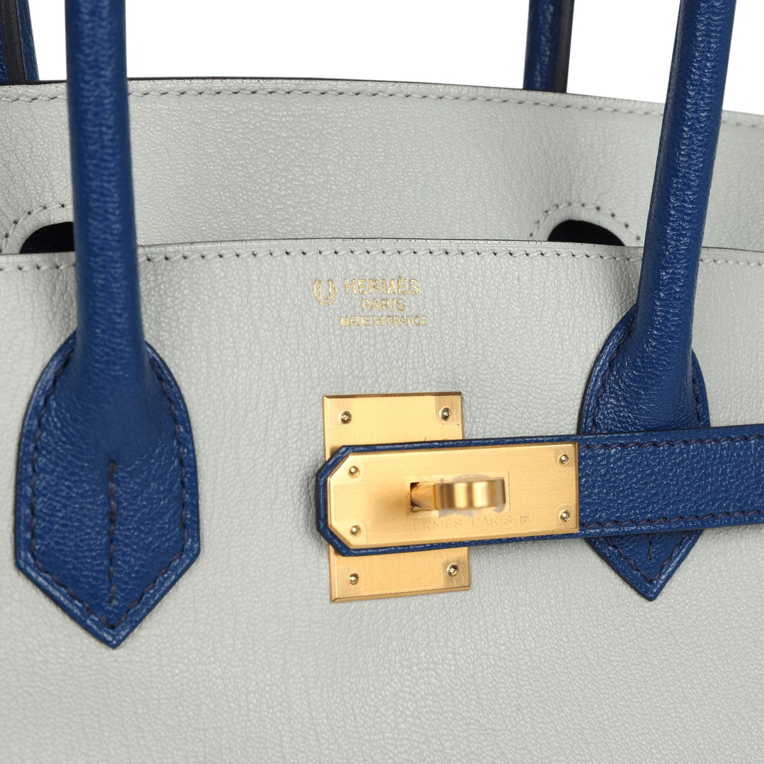 Hermes Special Order (HSS) Birkin 30 Gris Perle and Bleu Saphir Chevre Brushed Gold Hardware