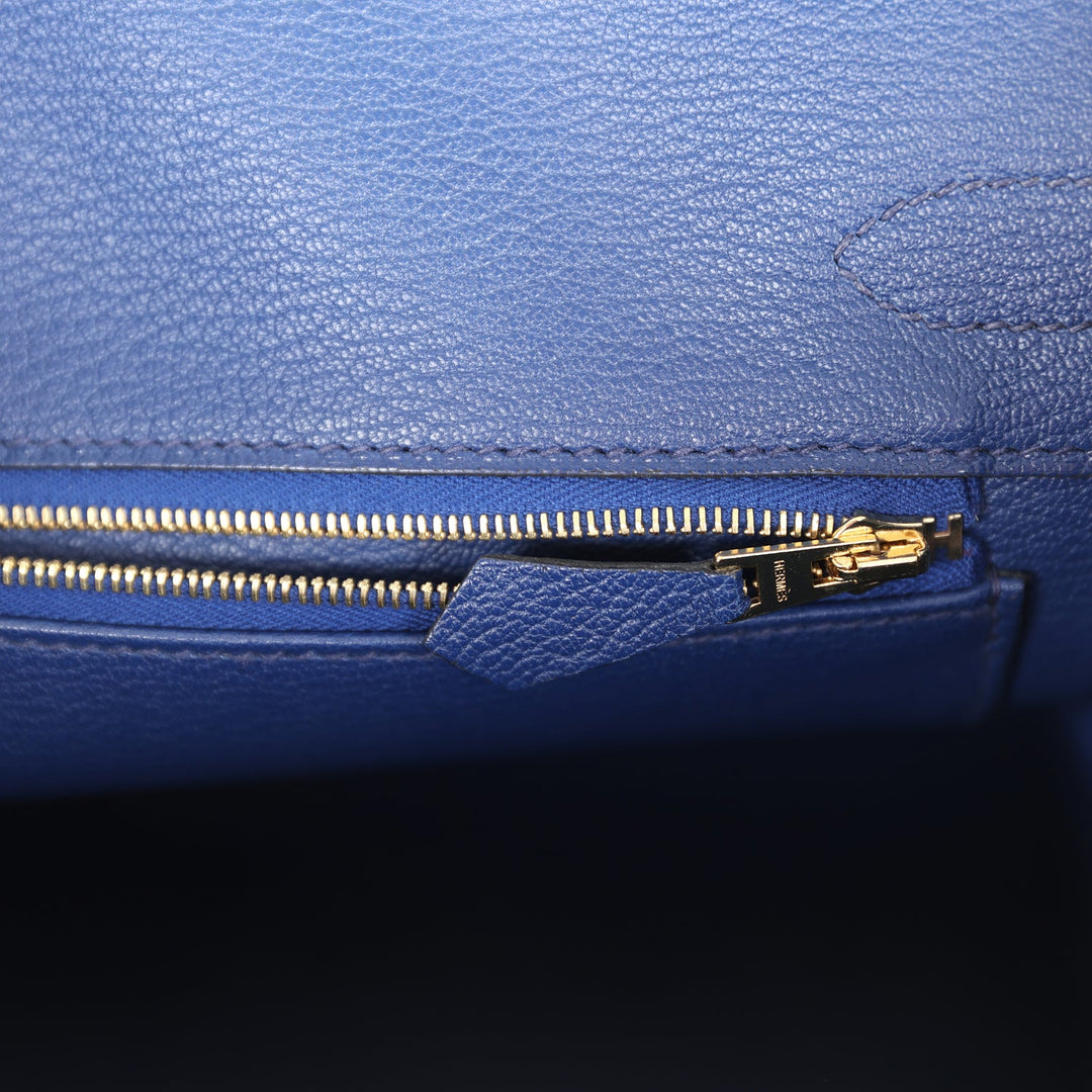 Hermes Special Order (HSS) Birkin 30 Gris Perle and Bleu Saphir Chevre Brushed Gold Hardware