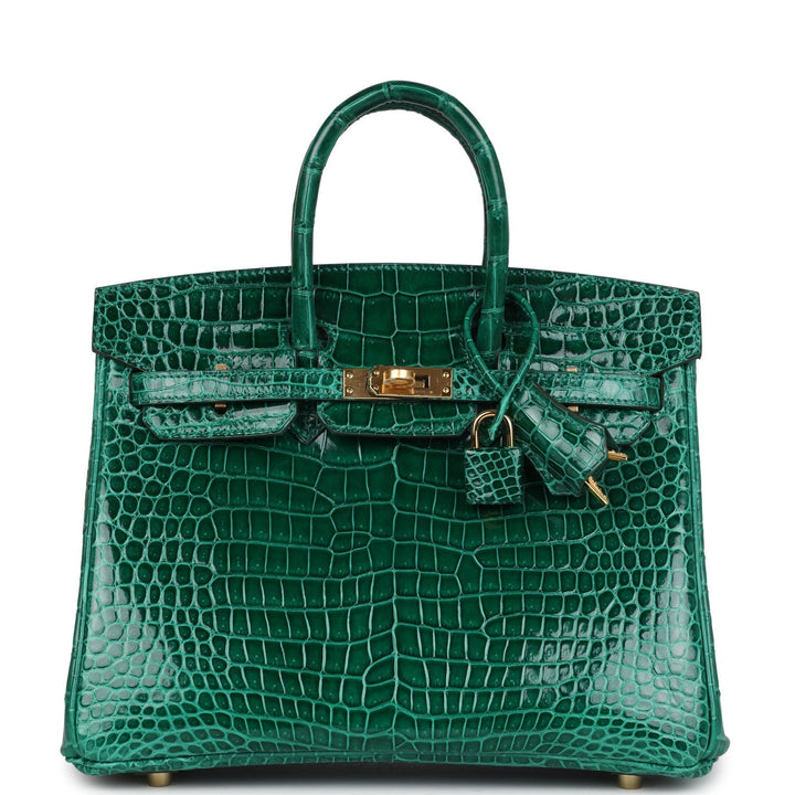 Hermes Birkin 25 Emerald Shiny Porosus Crocodile Gold Hardware