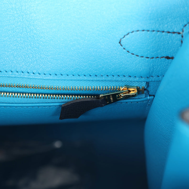 Hermes Casaque Birkin Sellier 30 Black, Bleu Indigo and Bleu Zanzibar Epsom Gold Hardware