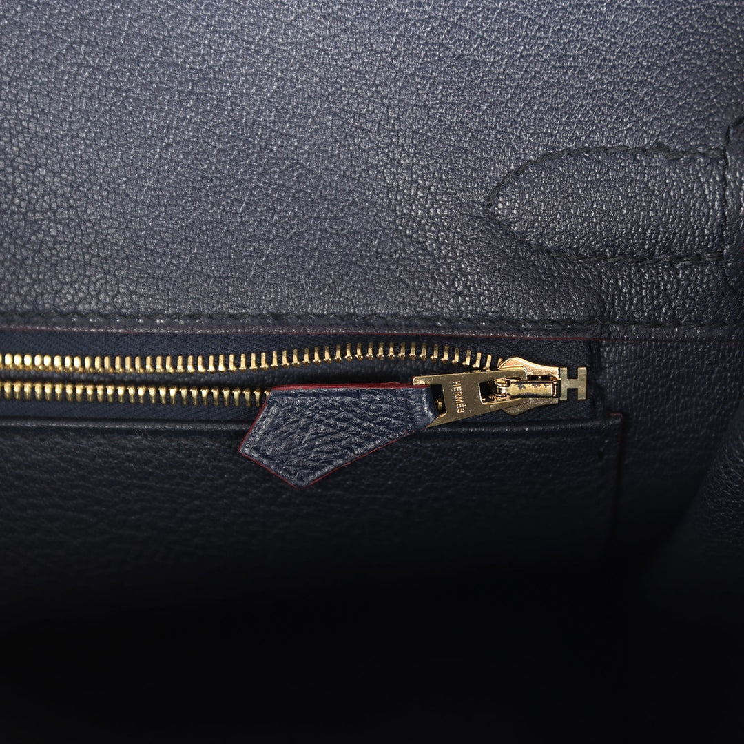 Hermes Birkin 30 Bleu Indigo and Rouge H Contour Epsom Gold Hardware