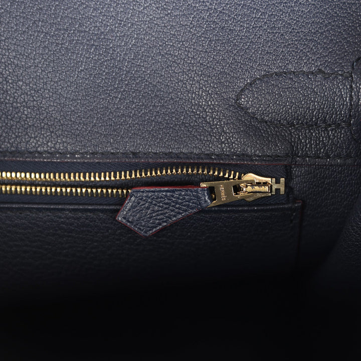 Hermes Birkin 30 Bleu Indigo and Rouge H Contour Epsom Gold Hardware