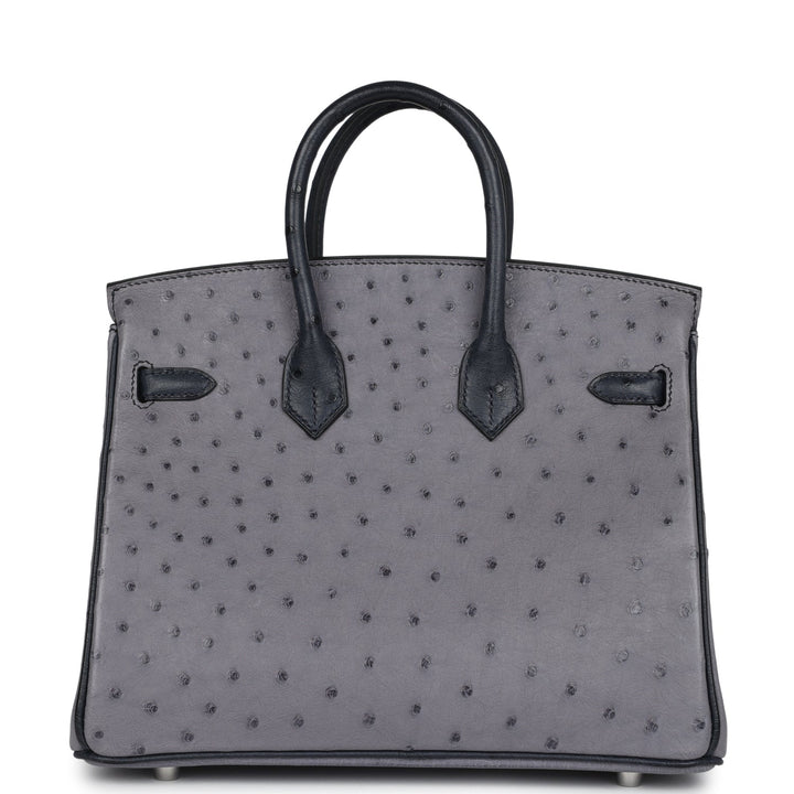 Hermes Special Order (HSS) Birkin 25 Gris Agate and Bleu Indigo Ostrich Brushed Palladium Hardware