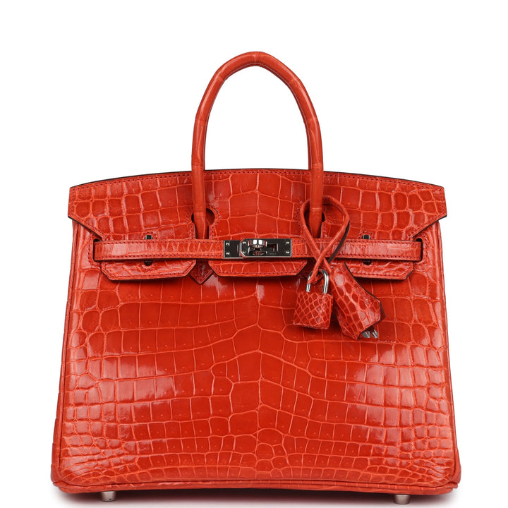 Hermes Birkin 25 Orange Poppy Shiny Niloticus Crocodile Palladium Hardware
