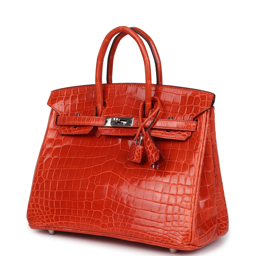 Hermes Birkin 25 Orange Poppy Shiny Niloticus Crocodile Palladium Hardware