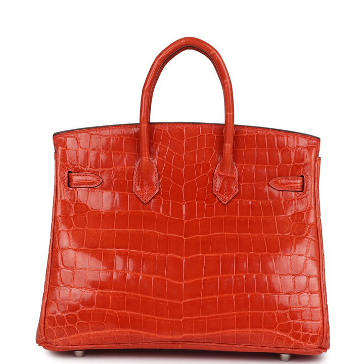 Hermes Birkin 25 Orange Poppy Shiny Niloticus Crocodile Palladium Hardware