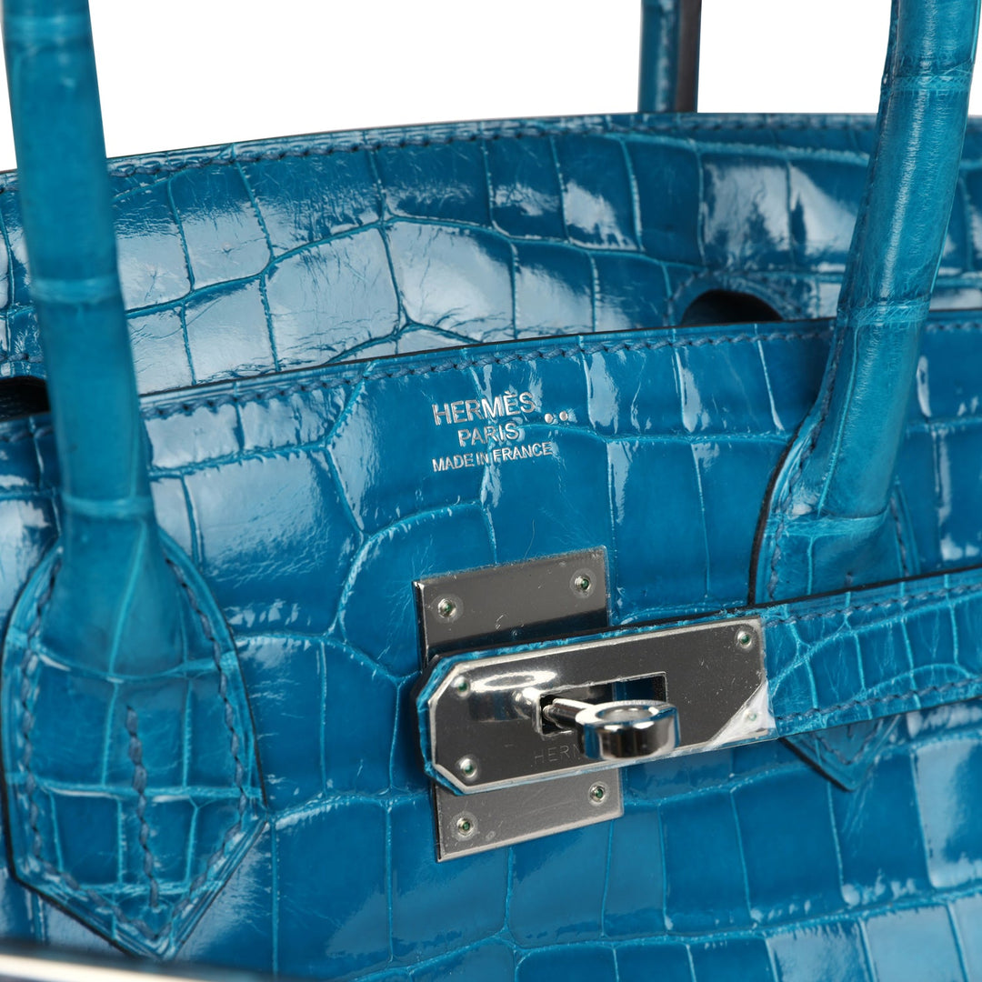 Hermes Birkin 30 Bleu Izmir Shiny Niloticus Crocodile Palladium Hardware