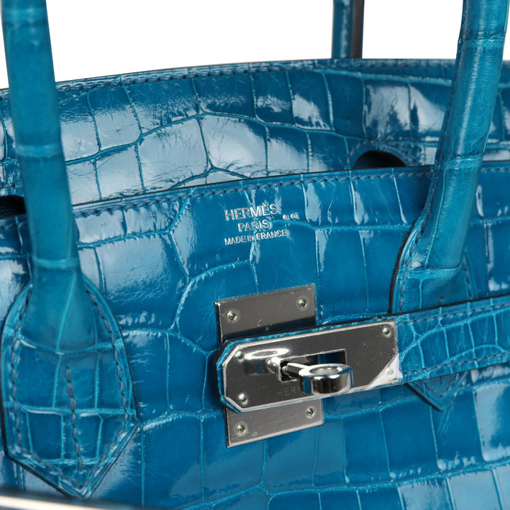 Hermes Birkin 30 Bleu Izmir Shiny Niloticus Crocodile Palladium Hardware