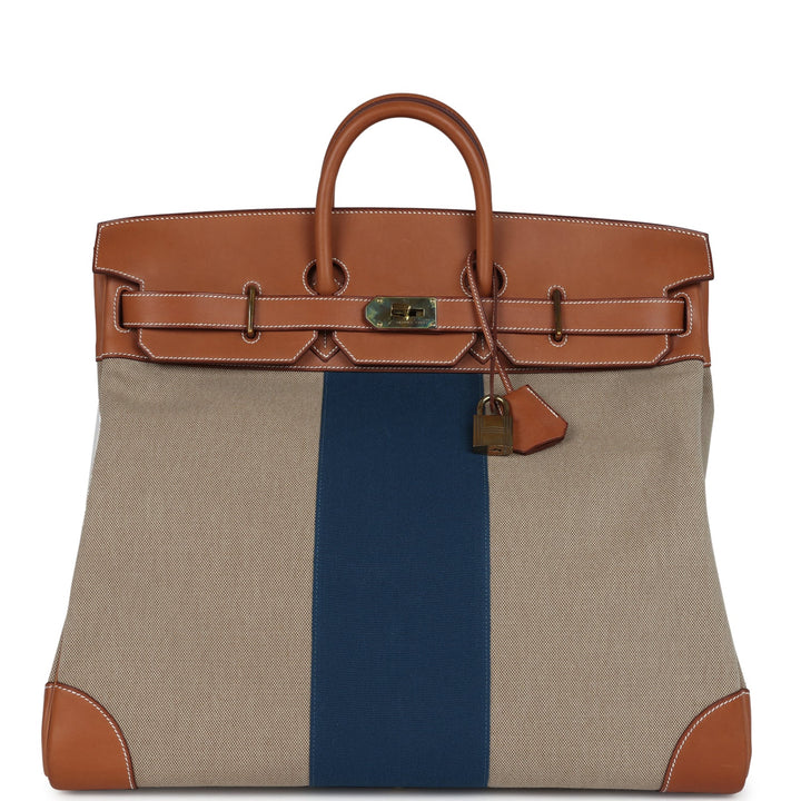 Hermes Birkin HAC 50 Flag Ficelle Toile H, Fauve Barenia and Bleu Toile H Canvas Gold Hardware
