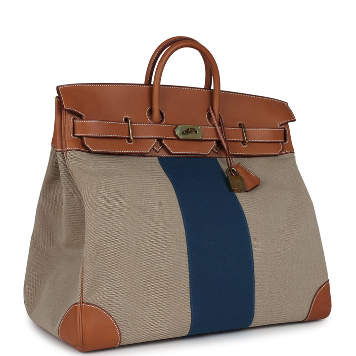 Hermes Birkin HAC 50 Flag Ficelle Toile H, Fauve Barenia and Bleu Toile H Canvas Gold Hardware