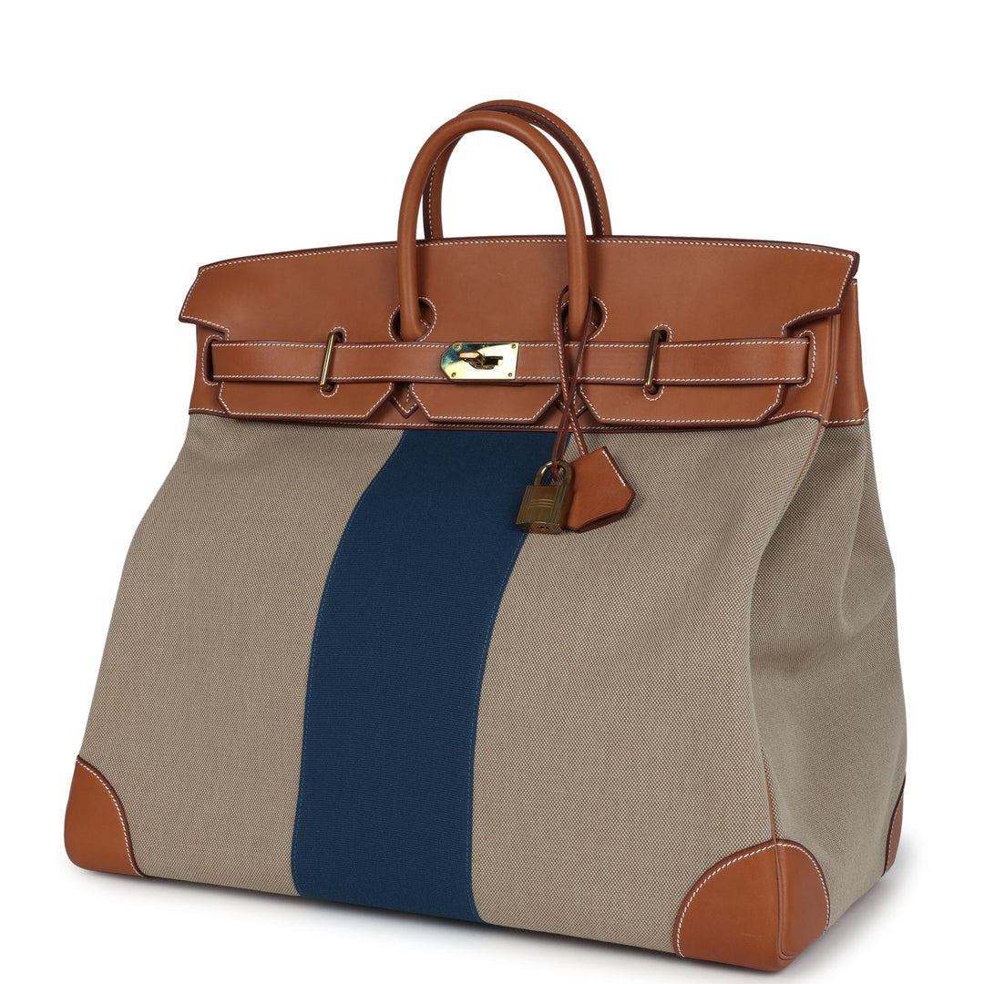 Hermes Birkin HAC 50 Flag Ficelle Toile H, Fauve Barenia and Bleu Toile H Canvas Gold Hardware