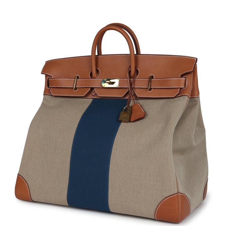 Hermes Birkin HAC 50 Flag Ficelle Toile H, Fauve Barenia and Bleu Toile H Canvas Gold Hardware