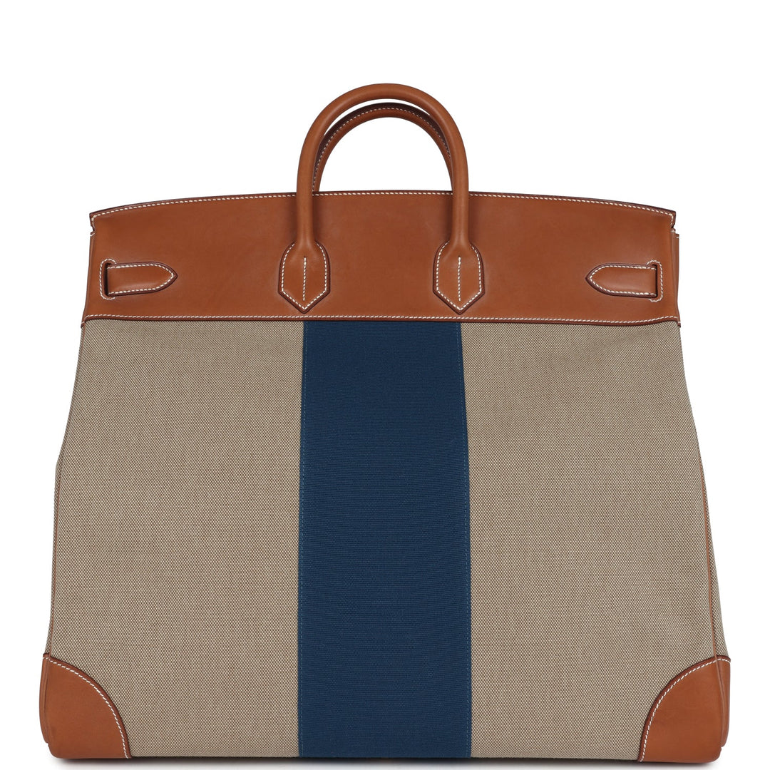 Hermes Birkin HAC 50 Flag Ficelle Toile H, Fauve Barenia and Bleu Toile H Canvas Gold Hardware