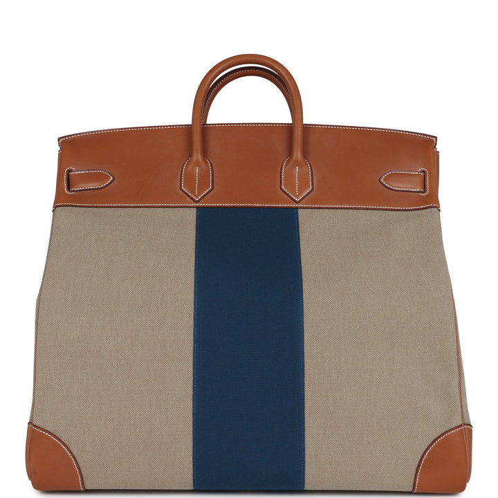 Hermes Birkin HAC 50 Flag Ficelle Toile H, Fauve Barenia and Bleu Toile H Canvas Gold Hardware
