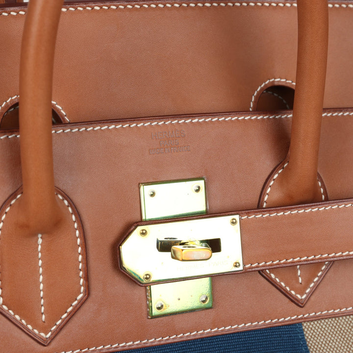 Hermes Birkin HAC 50 Flag Ficelle Toile H, Fauve Barenia and Bleu Toile H Canvas Gold Hardware