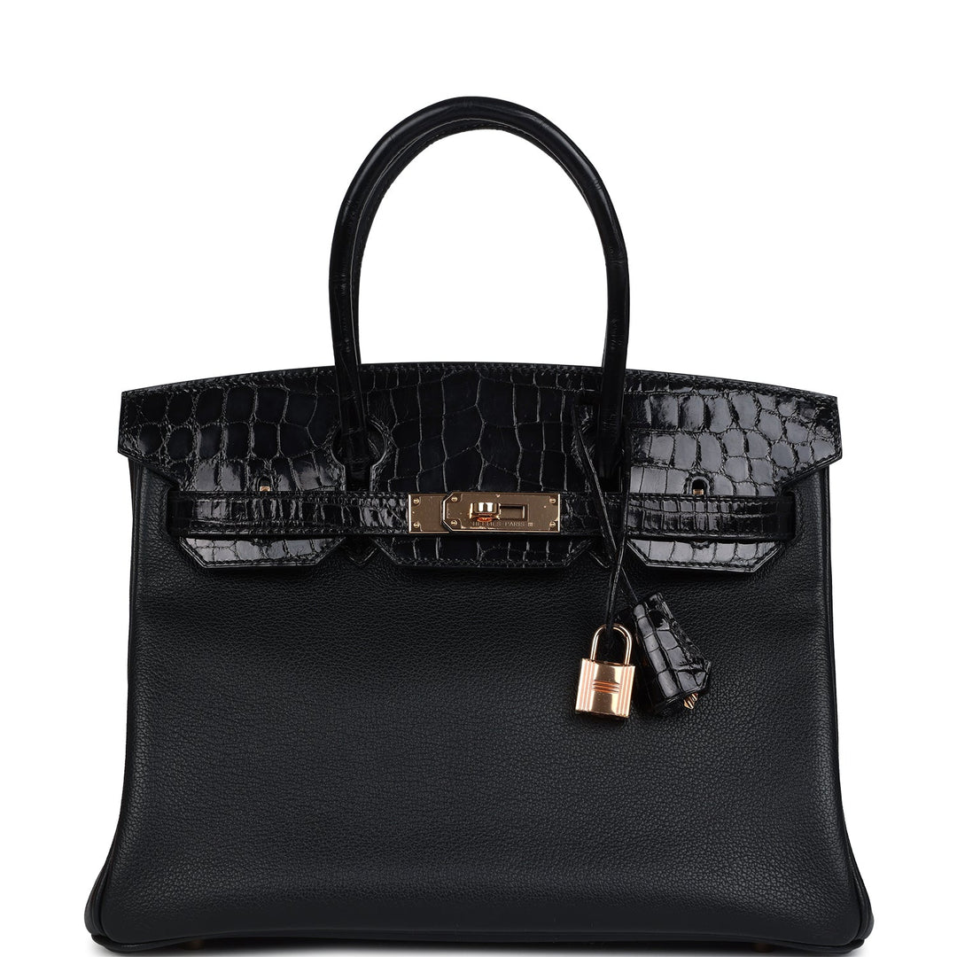 Hermes Birkin 30 Black Shiny Niloticus Crocodile and Novillo Touch Rose Gold Hardware