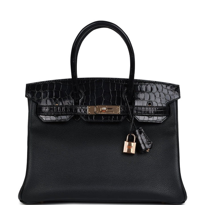 Hermes Birkin 30 Black Shiny Niloticus Crocodile and Novillo Touch Rose Gold Hardware