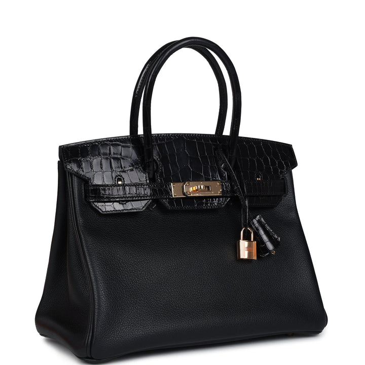 Hermes Birkin 30 Black Shiny Niloticus Crocodile and Novillo Touch Rose Gold Hardware
