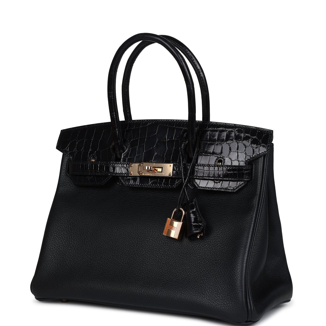 Hermes Birkin 30 Black Shiny Niloticus Crocodile and Novillo Touch Rose Gold Hardware