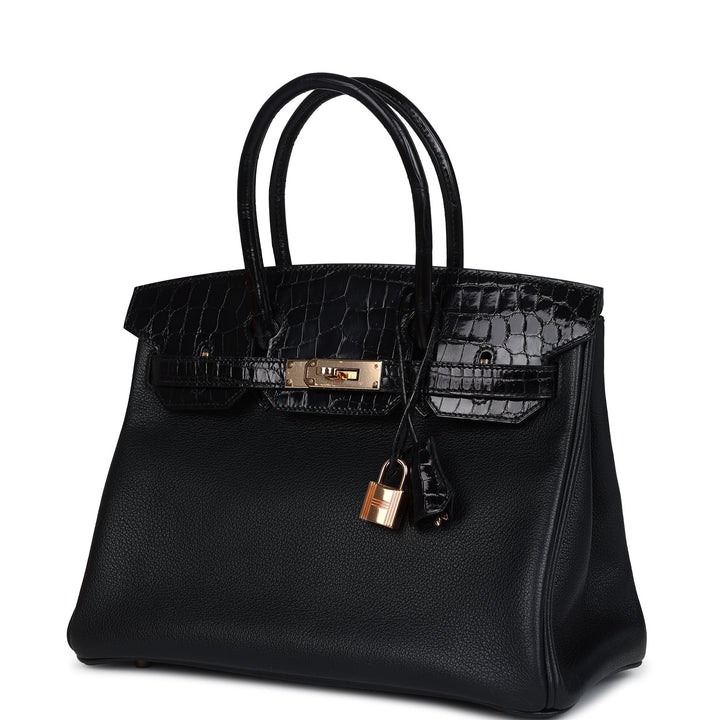 Hermes Birkin 30 Black Shiny Niloticus Crocodile and Novillo Touch Rose Gold Hardware