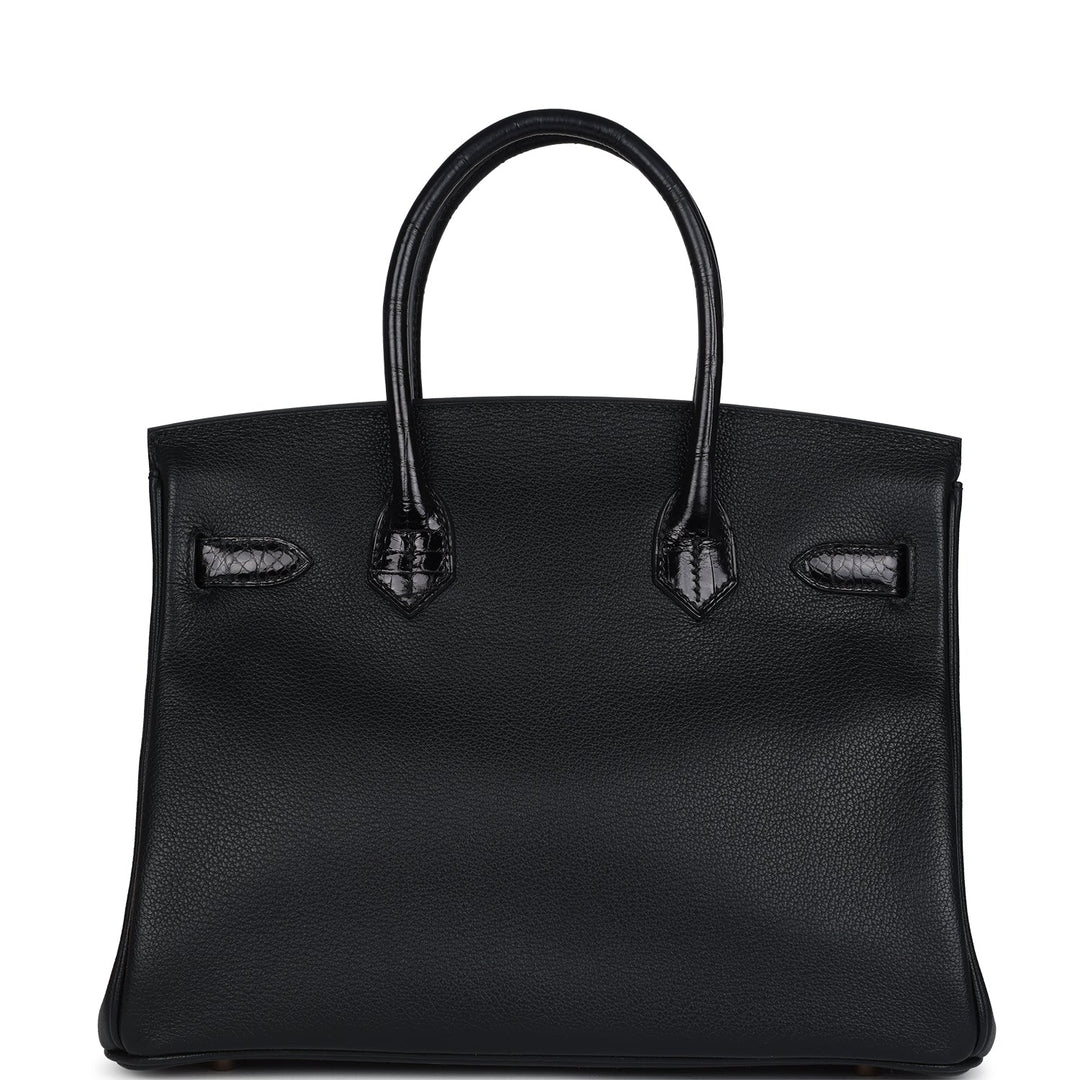 Hermes Birkin 30 Black Shiny Niloticus Crocodile and Novillo Touch Rose Gold Hardware