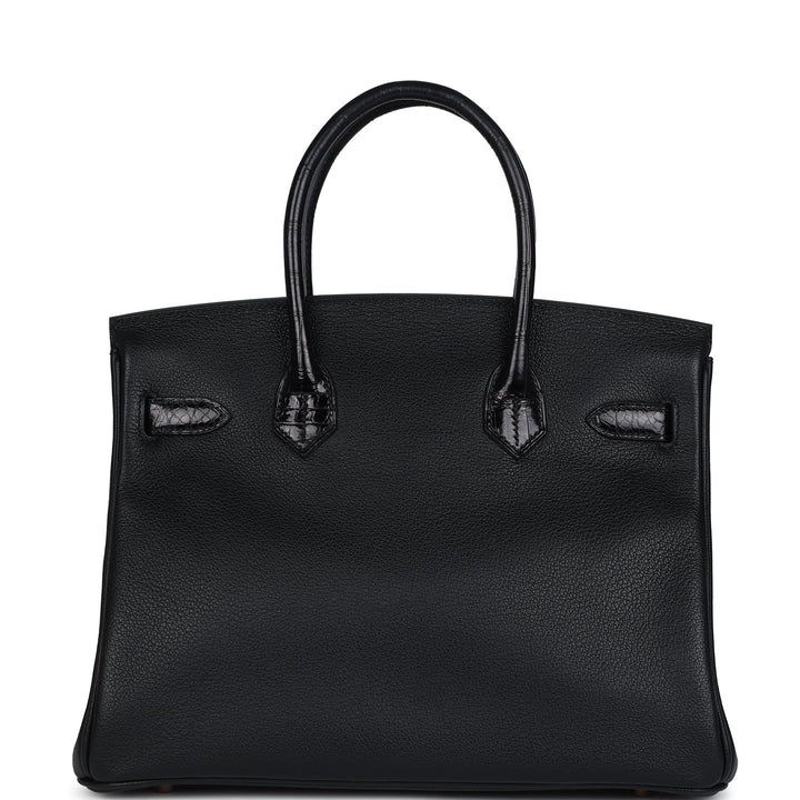 Hermes Birkin 30 Black Shiny Niloticus Crocodile and Novillo Touch Rose Gold Hardware