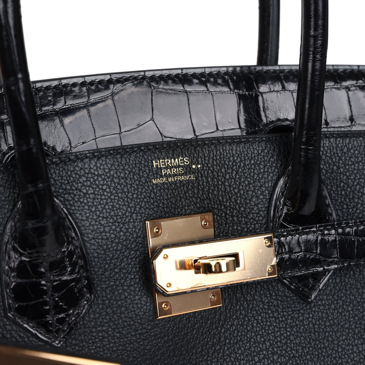 Hermes Birkin 30 Black Shiny Niloticus Crocodile and Novillo Touch Rose Gold Hardware