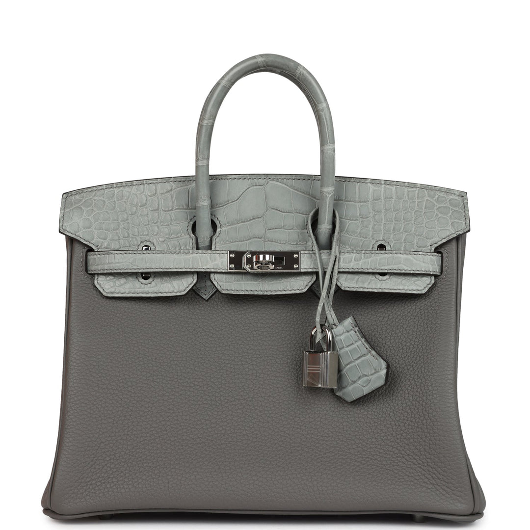 Hermes Birkin 25 Gris Meyer Togo and Gris Ciment Matte Alligator Touch Palladium Hardware