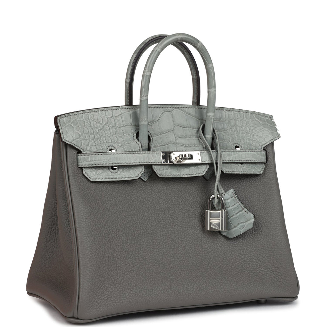 Hermes Birkin 25 Gris Meyer Togo and Gris Ciment Matte Alligator Touch Palladium Hardware