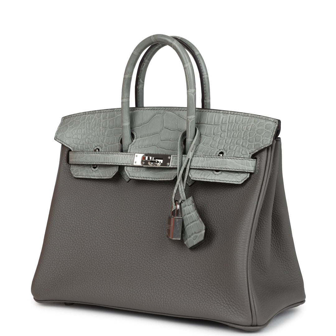 Hermes Birkin 25 Gris Meyer Togo and Gris Ciment Matte Alligator Touch Palladium Hardware