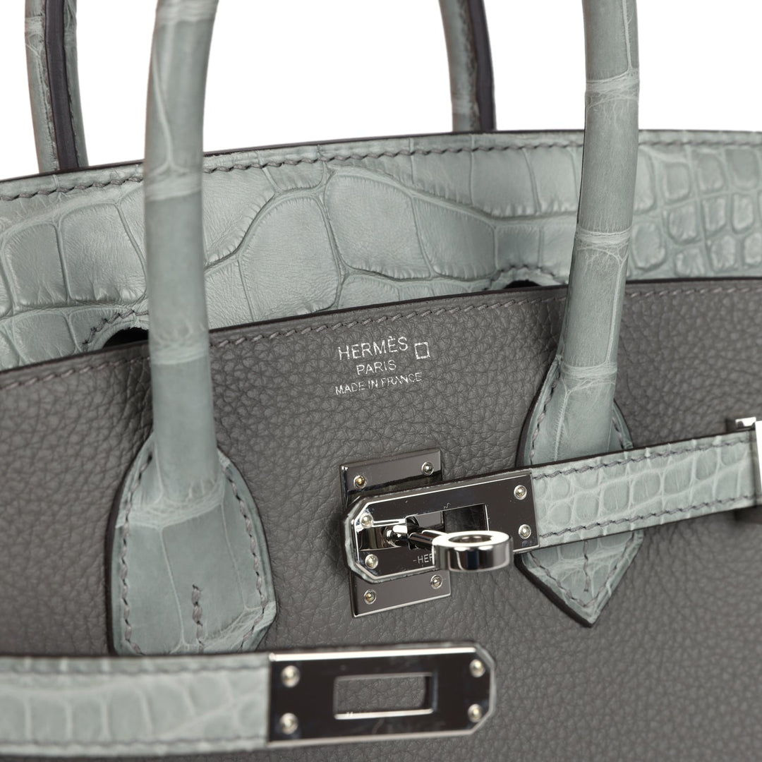 Hermes Birkin 25 Gris Meyer Togo and Gris Ciment Matte Alligator Touch Palladium Hardware