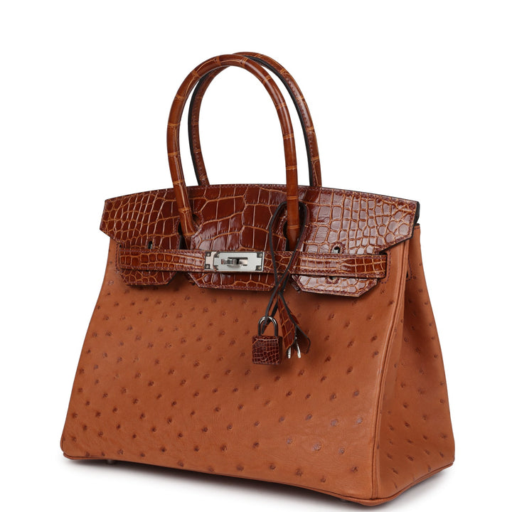 Hermes Birkin 30 Miel Shiny Alligator and Cognac Ostrich Touch Palladium Hardware