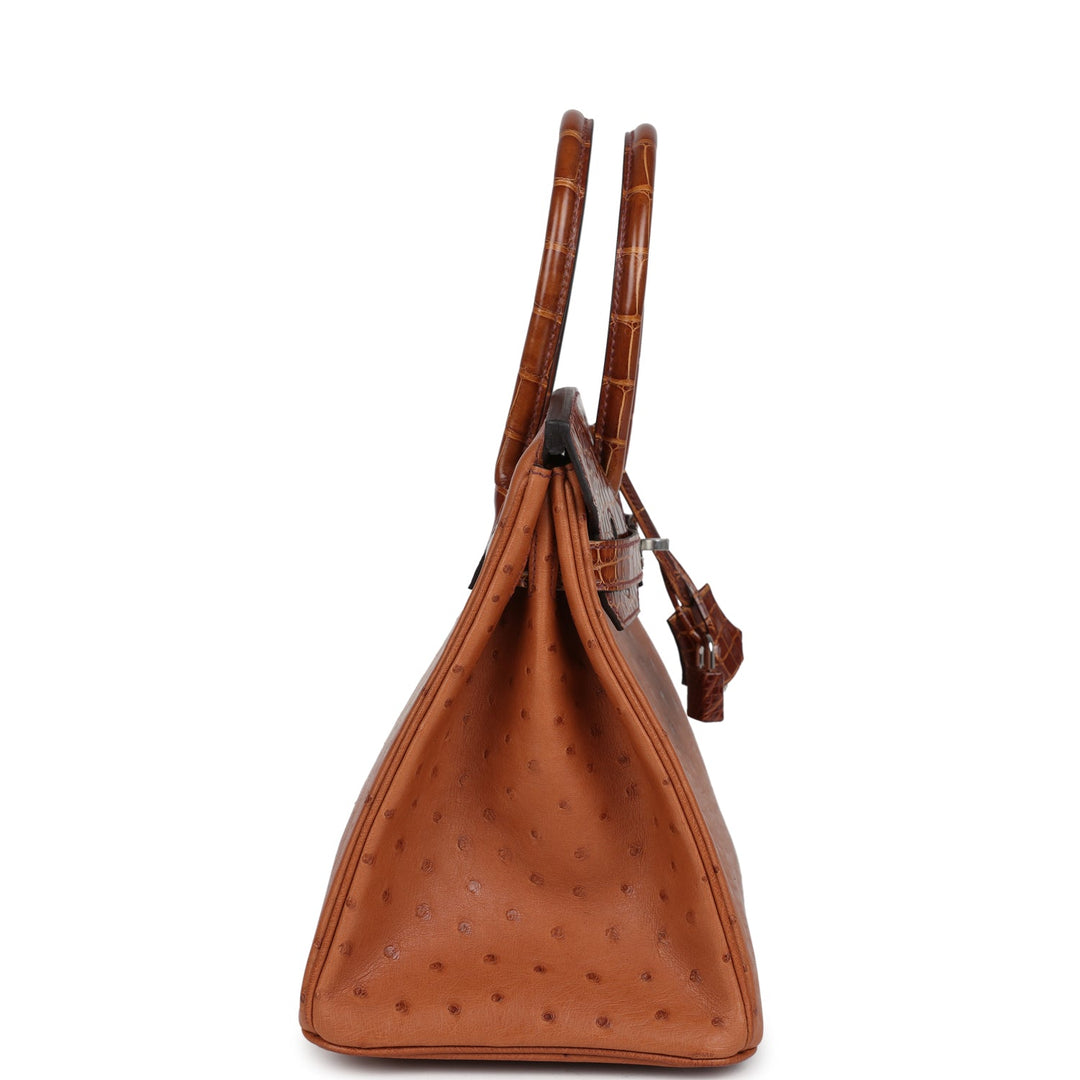 Hermes Birkin 30 Miel Shiny Alligator and Cognac Ostrich Touch Palladium Hardware