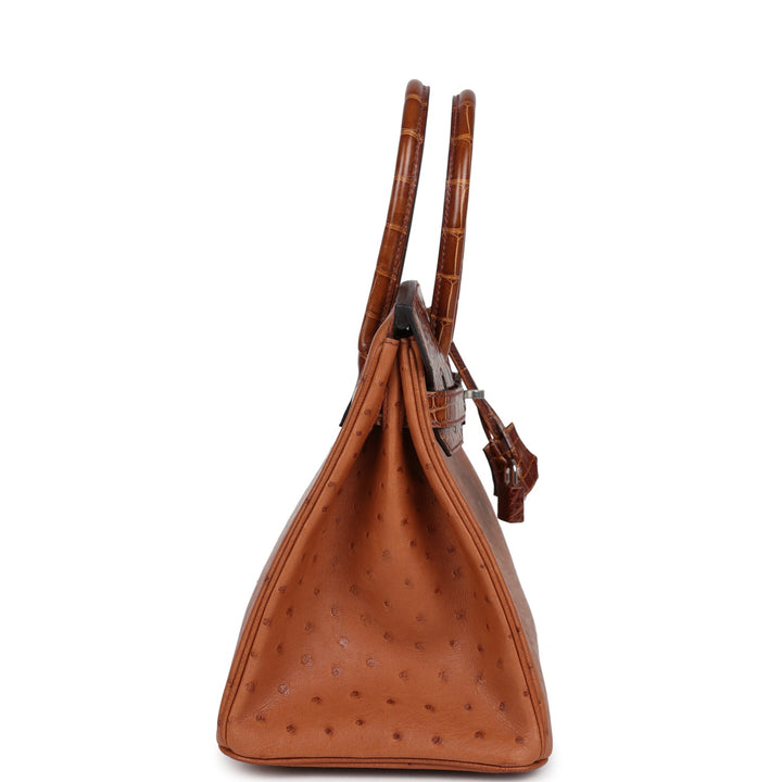 Hermes Birkin 30 Miel Shiny Alligator and Cognac Ostrich Touch Palladium Hardware