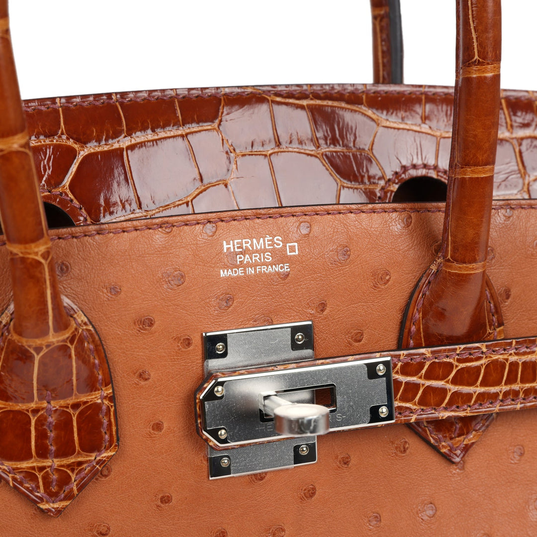 Hermes Birkin 30 Miel Shiny Alligator and Cognac Ostrich Touch Palladium Hardware