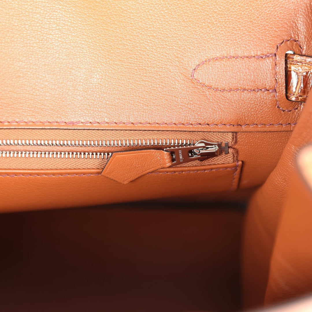 Hermes Birkin 30 Miel Shiny Alligator and Cognac Ostrich Touch Palladium Hardware