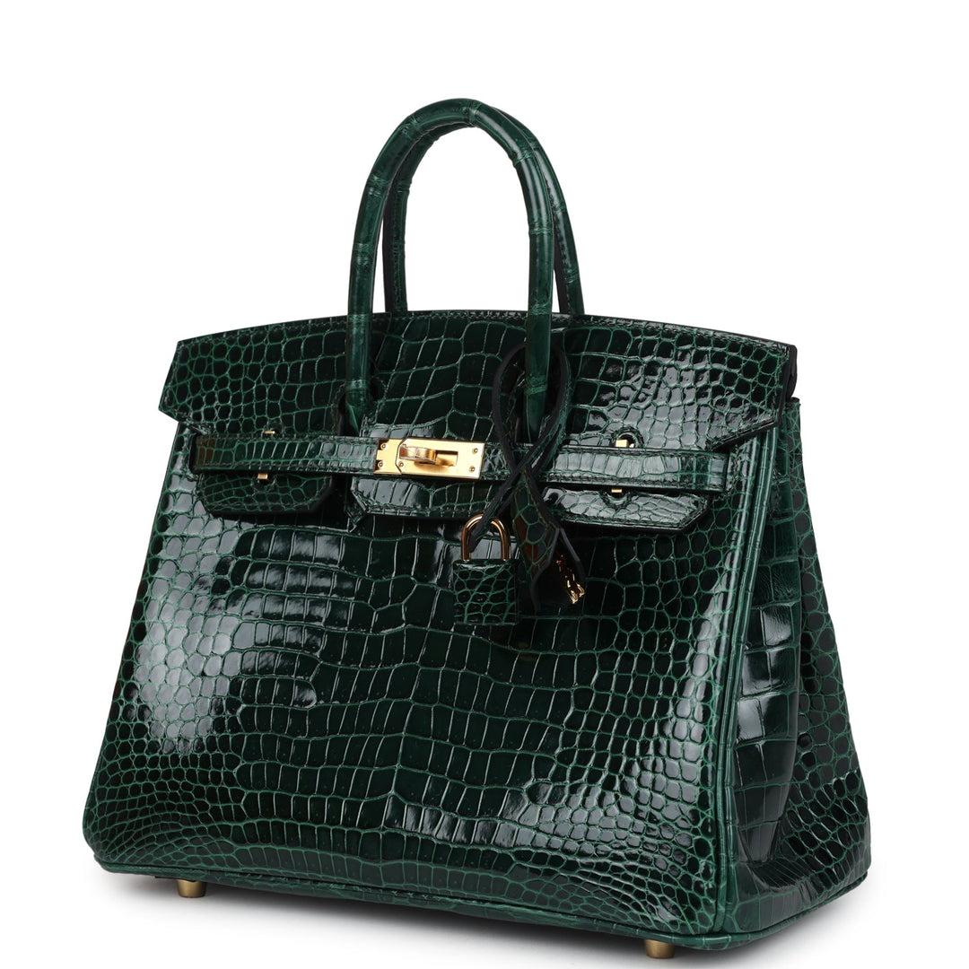 Hermes Birkin 25 Vert Fonce Shiny Porous Crocodile Gold Hardware