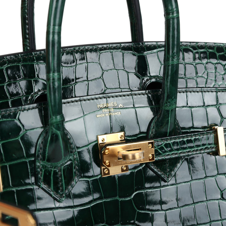 Hermes Birkin 25 Vert Fonce Shiny Porous Crocodile Gold Hardware