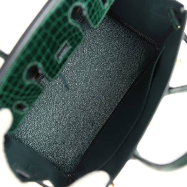 Hermes Birkin 25 Vert Fonce Shiny Porous Crocodile Gold Hardware